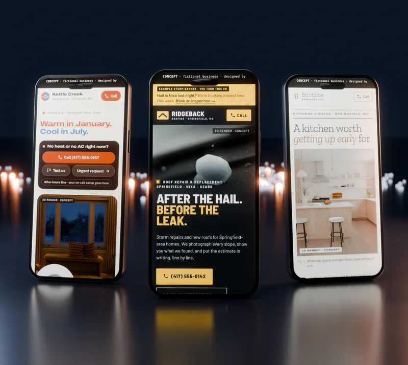 Tres teléfonos que muestran sitios web de concepto para un techador, una empresa de aire acondicionado y un remodelador
